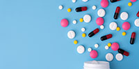 medicine  pills on blue background Copy space for text Assorted pharmaceutical Healthy Eating, Lifestyle
